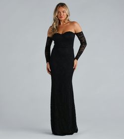 Style 05002-7486 Windsor Black Size 4 Wedding Guest Sweetheart Lace Jersey Mermaid Dress on Queenly