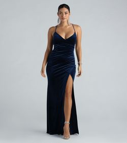 Style 05002-7644 Windsor Blue Size 12 05002-7644 Floor Length Spaghetti Strap Velvet Shiny Side slit Dress on Queenly