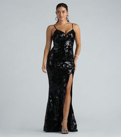 Style 05002-7665 Windsor Black Size 4 Flare Shiny Jersey Tall Height Side slit Dress on Queenly