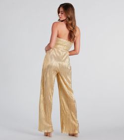 Style 06402-1347 Windsor Gold Size 8 Floor Length Sorority Shiny Jumpsuit Dress on Queenly