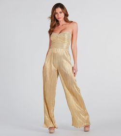 Style 06402-1347 Windsor Gold Size 8 Floor Length Sorority Shiny Jumpsuit Dress on Queenly