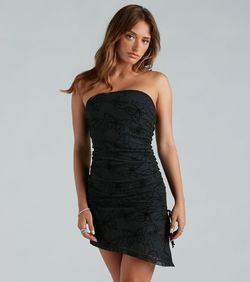 Style 05101-2686 Windsor Black Size 8 Velvet Sorority Sheer Print Mini Side slit Dress on Queenly