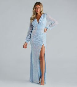 Style 05002-7480 Windsor Blue Size 0 Plunge V Neck Sleeves Sheer Side slit Dress on Queenly