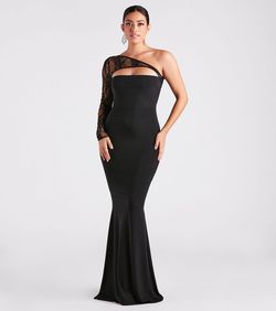Style 05002-7490 Windsor Black Size 0 Wedding Guest Bridesmaid Prom One Shoulder Military Mermaid Dress on Queenly