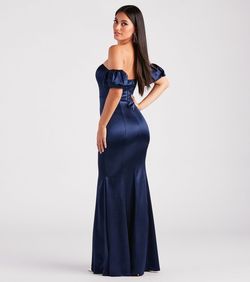 Style 05002-7211 Windsor Blue Size 0 Ball Gown Floor Length Jewelled Satin Mermaid Dress on Queenly