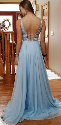 Sherri Hill Blue Size 2 Sequined Floor Length Plunge Bridesmaid A-line Dress on Queenly