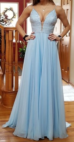 Sherri Hill Blue Size 2 Sequined Floor Length Plunge Bridesmaid A-line Dress on Queenly