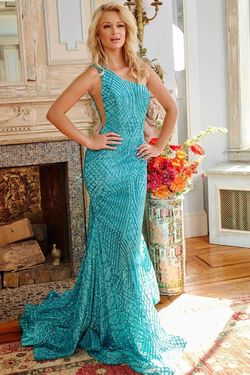 Style 06517A Jovani Blue Size 12 Turquoise Military Floor Length Plus Size Mermaid Dress on Queenly