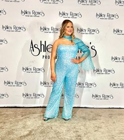 Ashley Lauren Blue Size 14 Floor Length One Shoulder Custom Jumpsuit Dress on Queenly