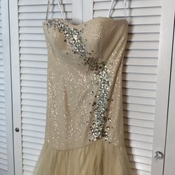 Style 71444 Sparkle Nude Size 14 Prom Jersey Side slit Dress on Queenly