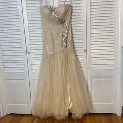 Style 71444 Sparkle Nude Size 14 Jersey Pageant Side slit Dress on Queenly