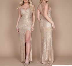 Style Gold Formal Sequined & Rhinestone Sweetheart Neck Prom Party Dress Gold Size 8 Side slit Dress on Queenly