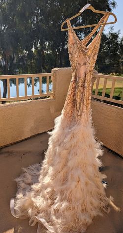 Terani Couture Nude Size 4 Feather Jewelled Prom Floor Length Train Dress on Queenly