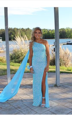 Style 11371 Ashley Lauren Blue Size 0 Tulle Sequined Floor Length One Shoulder Side slit Dress on Queenly