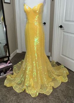 Jovani Yellow Size 12 Floor Length Sheer Tall Height Mermaid Dress on Queenly