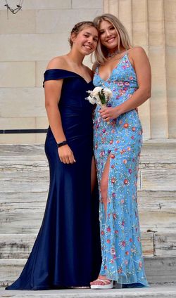 Primavera Blue Size 6 Plunge Backless Prom Side slit Dress on Queenly