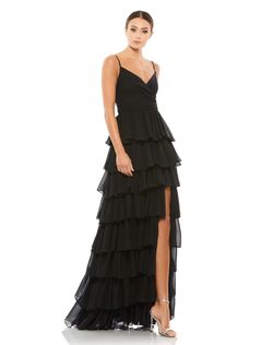 Mac Duggal Black Size 4 V Neck Floor Length Polyester Side slit Dress on Queenly