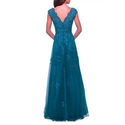La Femme Blue Size 14 Plus Size Teal V Neck Tulle A-line Dress on Queenly