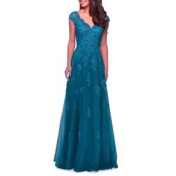 La Femme Blue Size 14 Floor Length V Neck Turquoise A-line Dress on Queenly