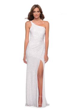 La Femme White Size 0 Floor Length Sequined Polyester One Shoulder Side slit Dress on Queenly