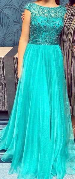 Sherri Hill Blue Size 8 Prom Jersey Sleeves Ball gown on Queenly
