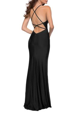 La Femme Black Size 6 V Neck Polyester Prom Floor Length Spaghetti Strap A-line Dress on Queenly