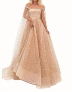 Style 1-1628143198-238 Tarik Ediz Gold Size 12 Prom Cape Floor Length Ball gown on Queenly
