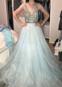 Sherri Hill Light Blue Size 2 Plunge Floor Length Ball gown on Queenly