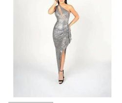 Style 1-240843758-2168 Nicole Bakti Gray Size 8 Floor Length Tall Height One Shoulder Side slit Dress on Queenly