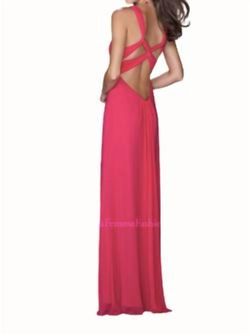 Style 1-3271024781-98 La Femme Pink Size 10 Halter Backless Sheer Jersey Straight Dress on Queenly