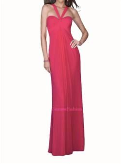 Style 1-3271024781-98 La Femme Pink Size 10 Black Tie Halter Backless Straight Dress on Queenly