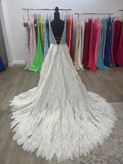Jovani White Size 4 Lace Train Feather Jewelled Straight Dress on Queenly
