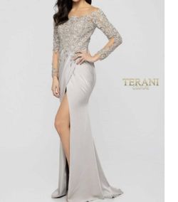 Style 1-3871929910-397 Terani Couture Nude Size 14 Floor Length Long Sleeve Tall Height Side slit Dress on Queenly