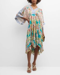 Style 1-3949851985-2901 Johnny Was Blue Size 8 Sleeves V Neck Pattern Cocktail Dress on Queenly