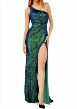 Style 1-3968848063-1498 JOVANI Green Size 4 Floor Length Sequined Side slit Dress on Queenly