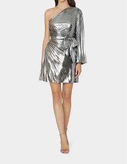 Style 1-483981357-1498 MILLY Silver Size 4 One Shoulder Long Sleeve Polyester Cocktail Dress on Queenly