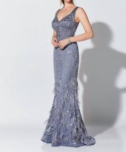 Style 1-888601625-651 Ivonne D Blue Size 20 Tall Height Pageant Lace V Neck Straight Dress on Queenly