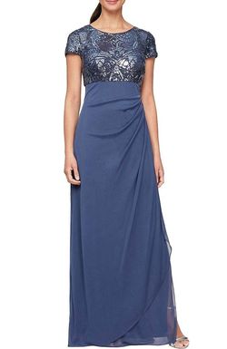 Style 1-1823248739-2168 Alex Evenings Blue Size 8 Tall Height Sequined Sleeves Straight Dress on Queenly