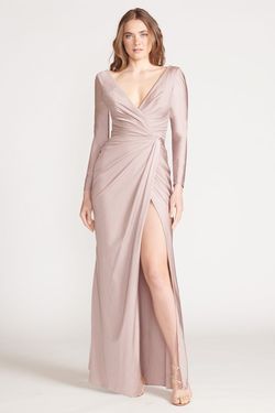 Style 2103 Bari Jay Nude Size 8 Prom Satin Sleeves Floor Length Side slit Dress on Queenly