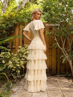 Style 12017 Primavera Nude Size 14 Prom V Neck Ruffles Tulle Straight Dress on Queenly