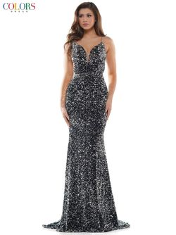 Style 2459 Colors Silver Size 6 Spaghetti Strap 2459 Sequined Mermaid Dress on Queenly