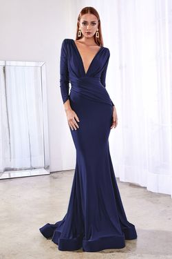 Style CD0168 Cinderella Divine Blue Size 8 Long Sleeve Cd0168 Navy Military Mermaid Dress on Queenly