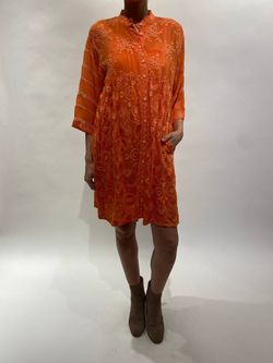 Style 1-3332764440-2696 Johnny Was Orange Size 12 Long Sleeve Tall Height Pattern Free Shipping Cocktail Dress on Queenly