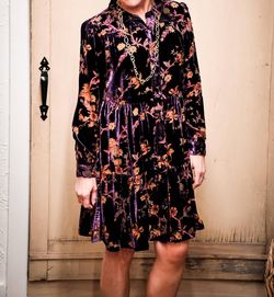 Style 1-3555335112-2901 DEAR JOHN DENIM Purple Size 8 High Neck Floral Long Sleeve Cocktail Dress on Queenly