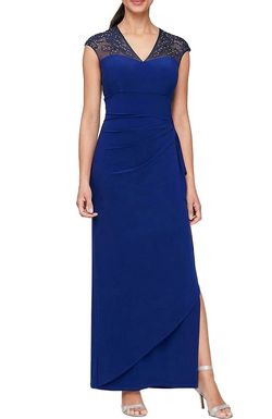 Style 1-394501772-1901 Alex Evenings Blue Size 6 Black Tie Jersey Side slit Dress on Queenly