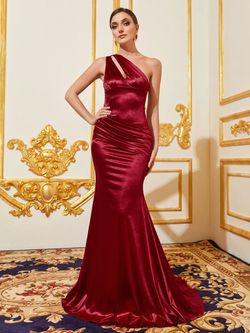 Style FSWD8132 Faeriesty Red Size 0 Tall Height Satin One Shoulder Mermaid Dress on Queenly