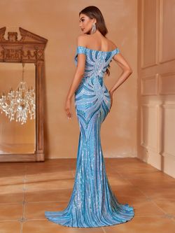 Style FSWD2432 Faeriesty Blue Size 12 Floor Length Tall Height Polyester Sequined Plus Size Mermaid Dress on Queenly