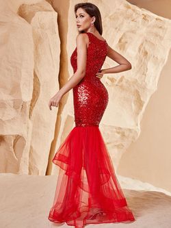 Style FSWD0836 Faeriesty Red Size 4 Polyester Sequined Floor Length Mermaid Dress on Queenly