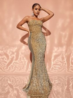 Style FSWD1930 Faeriesty Gold Size 0 Jersey Sequined Floor Length Mermaid Dress on Queenly