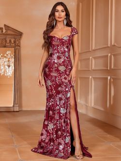 Style FSWD0747 Faeriesty Red Size 8 Burgundy Sequined Fswd0747 Side slit Dress on Queenly